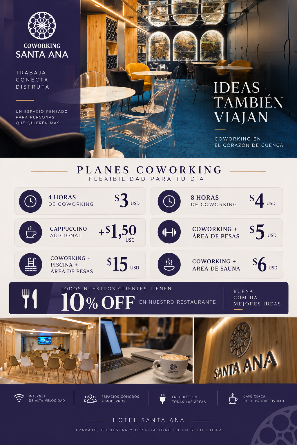 Póster con promociones vigentes de Coworking Santa Ana